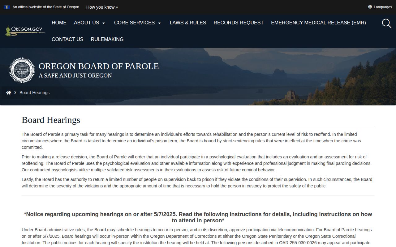 Oregon parole hearing calendar used for Wheeler County supervision records