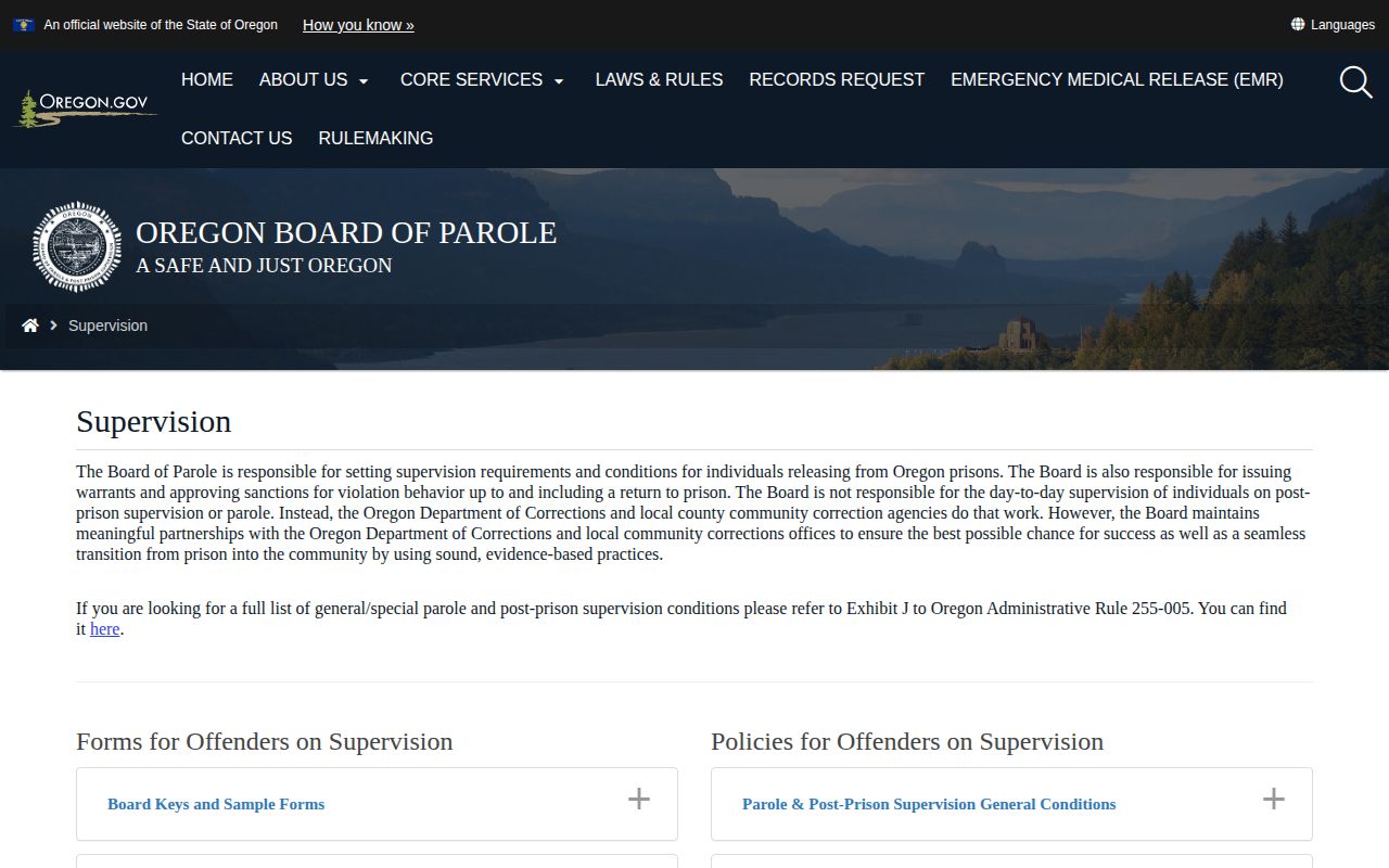 Oregon supervision information for Wheeler County parole and probation